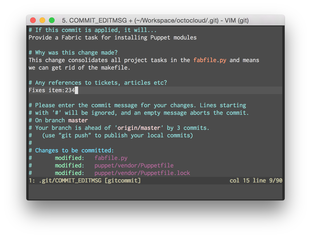 Screenshot of git message editor